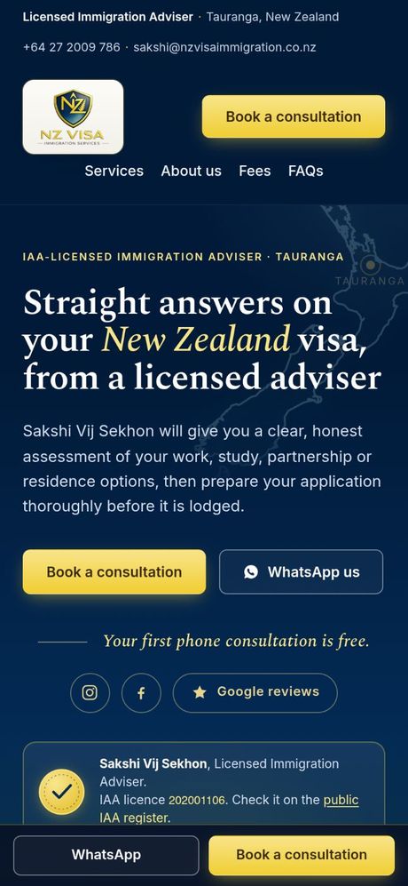NZ Visa Immigration homepage on a phone: the heading over an outline of New Zealand with Tauranga marked, the adviser named with her IAA licence number, and a fixed WhatsApp and Book a consultation bar