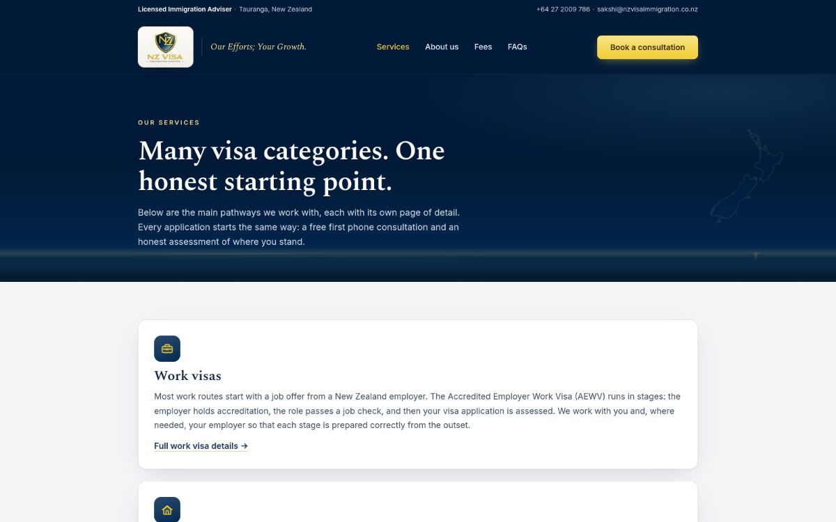 The services page, headed ‘Many visa categories, one honest starting point’, with a card for each pathway